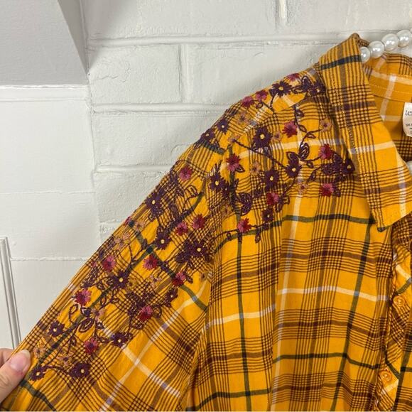 Terra & Sky Golden Yellow Plaid Floral Embroidered Flannel Button Down 3X - Picture 4 of 6